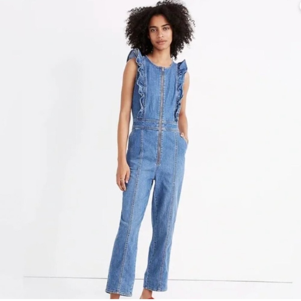 Madewell Denim Ruffle Zip Front Jumpsuit | Size 0